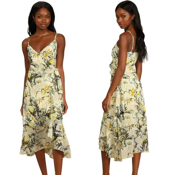 Lulus NEW Wild Flowers Floral Print Wrap Midi Dress - Cream, Yellow, Green - L - Picture 1 of 11